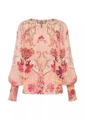 Camilla V-Neck Floral Shirred-Cuff Blouse