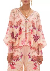 Camilla V-Neck Floral Shirred-Cuff Blouse