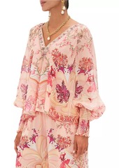 Camilla V-Neck Floral Shirred-Cuff Blouse