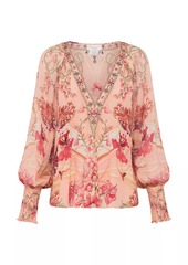 Camilla V-Neck Floral Shirred-Cuff Blouse