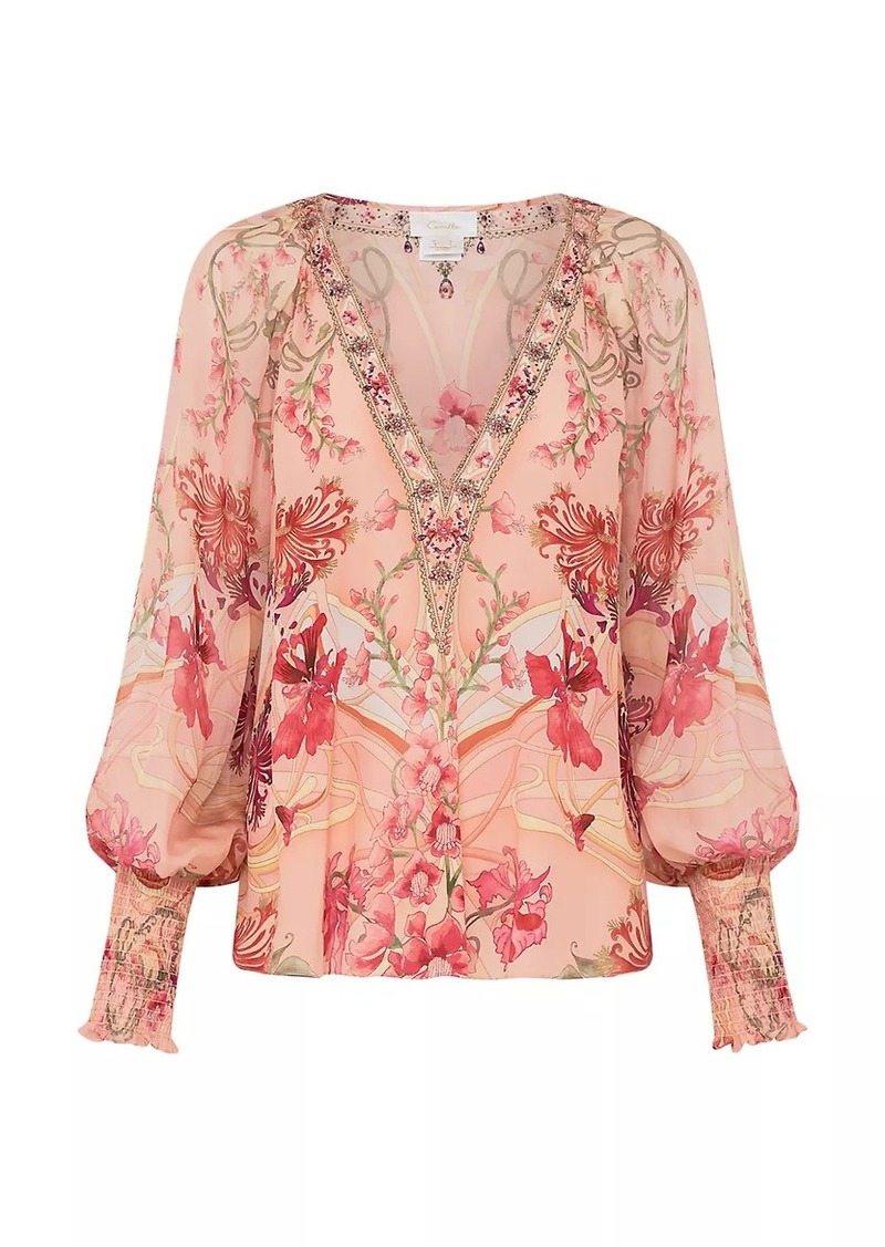 Camilla V-Neck Floral Shirred-Cuff Blouse