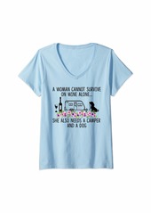 Womens A Woman Cannot Survive On Wine Alone She Needs Camper Dog V-Neck T-Shirt