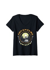 Camper Womens Adventure Awaits Women Hiking Mountain Graphic V-Neck T-Shirt