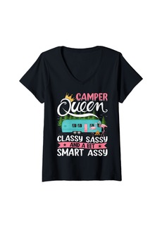 Womens Camper Queen Classy Sassy Smart Assy Flamingo Camping V-Neck T-Shirt