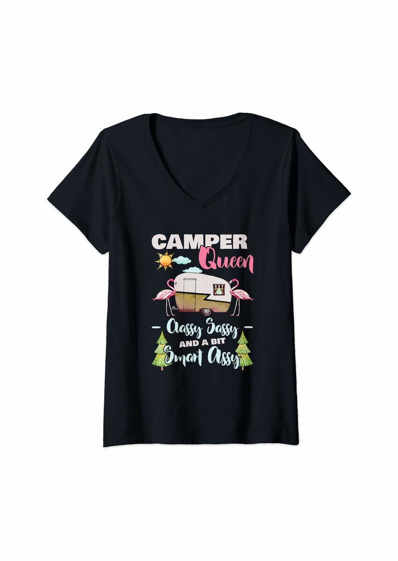 Womens Camper Queen Classy Sassy Smart Assy RV Outdoors Camping Top V-Neck T-Shirt