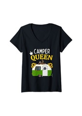 Womens Camper Queen Funny Women Girls Sloth Sunflower Camping V-Neck T-Shirt