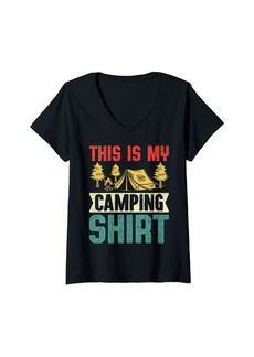 Womens Camping Camper Tent Forest Retro Vintage Funny V-Neck T-Shirt