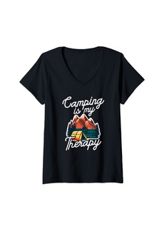 Womens Camping Is My Therapy Funny Hiking Lover Camp Outdoor Camper V-Neck T-Shirt