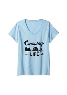 Womens Camping Life Funny Hiking Happy Camper Traveling Outdoor V-Neck T-Shirt