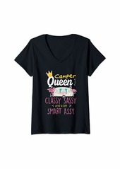 Womens Classy Sassy Camper Queen - Travel Trailer RV Gift - Camping V-Neck T-Shirt