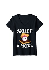 Womens Funny Campfire Smile Smore Fun Camper Marshmallow Glamping V-Neck T-Shirt