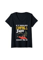Camper Womens Funny Camping If Involves Camping & Bacon Count Me V-Neck T-Shirt