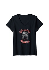 Camper Womens Funny Glamping Nana Messy Bun V-Neck T-Shirt