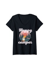 Womens Happy Camper Hiking Mountain Adventure Funny Saying Cute V-Neck T-Shirt
