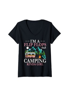 Womens I'm A Flip Flops And Camping Kinda Girl Adventure Camper V-Neck T-Shirt