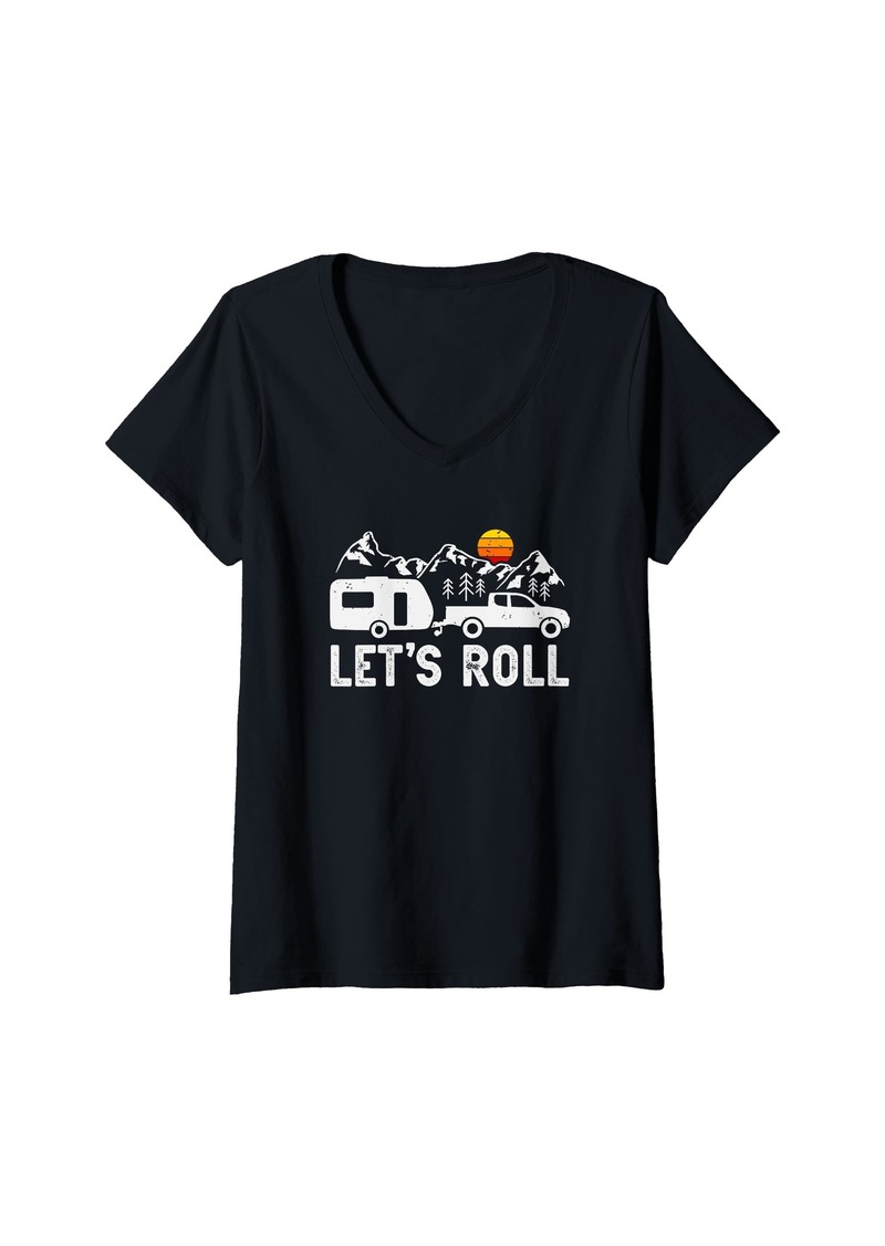 Womens Let's Roll Caravan Camping Trailer Mountains Camper V-Neck T-Shirt