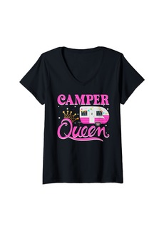 Womens Outdoor Camping Nature Adventure Camper Queen V-Neck T-Shirt