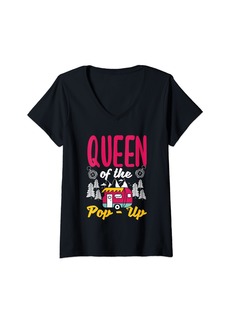 Womens Queen Of The Pop Up Camper Funny Camp RV Vacation Camping V-Neck T-Shirt