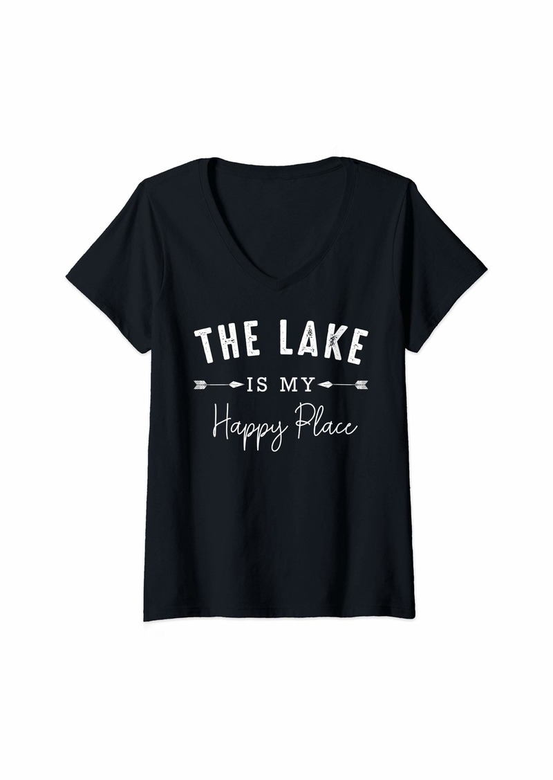 Camper Womens The Lake Is My Happy Place Camping Fishing Boating Nature V-Neck T-Shirt