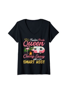 Womens Trailer Park Camper Queen Classy Sassy And A Bit Smart Assy V-Neck T-Shirt