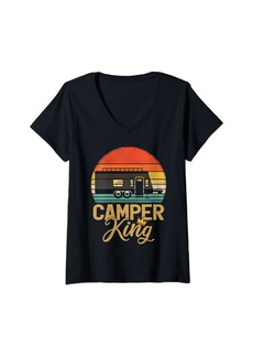 Womens Vintage Camper King Adventure Outdoor Camping V-Neck T-Shirt