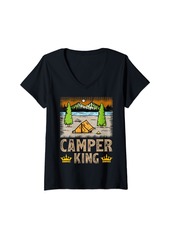 Womens Vintage Style Adventure Camper King Camping V-Neck T-Shirt