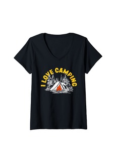 Camper Womens Women Camping Heart Graphic I Love Camping Print Summer V-Neck T-Shirt