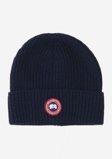CANADA GOOSE RIBBED WOOL BEANIE WITH LOGO