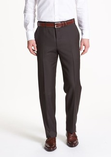 Canali Flat Front Solid Wool Trousers in Dark Brown at Nordstrom