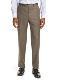 Canali Wool Flat Front Trousers in Dark Beige at Nordstrom