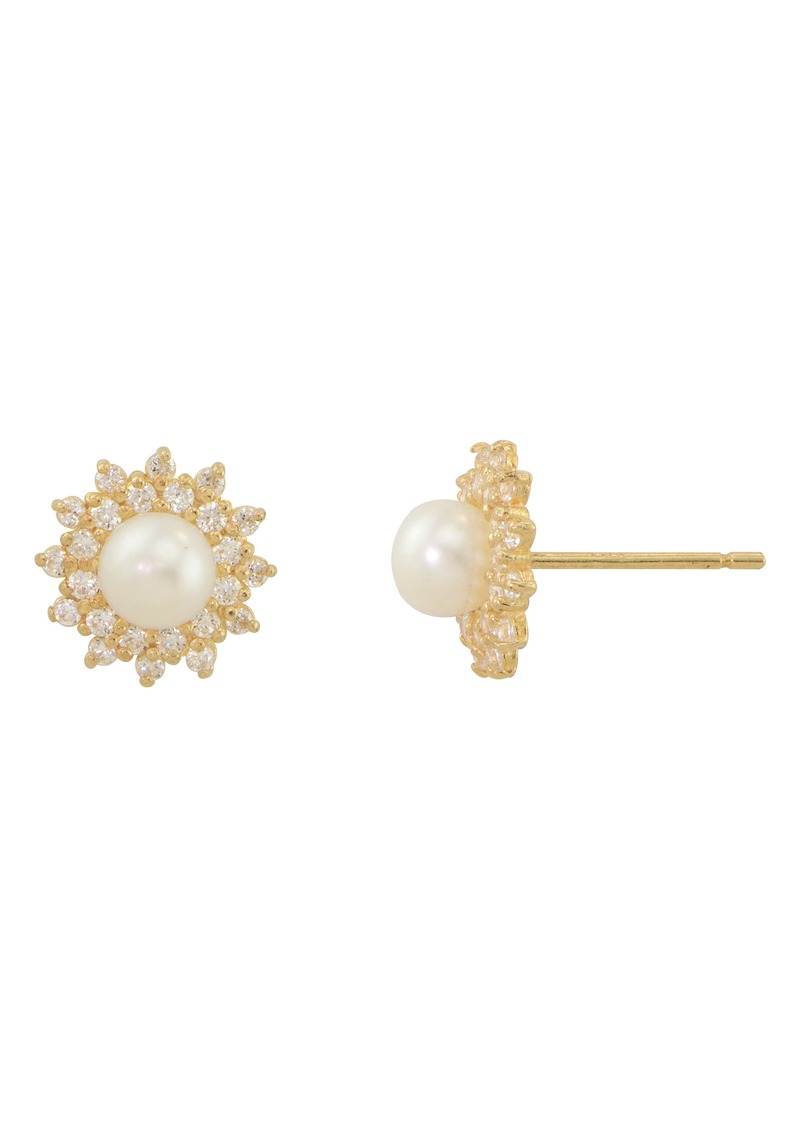 CANDELA JEWELRY 10K Yellow Gold 4mm Cultured Pearl & Cubic Zirconia Halo Stud Earrings in Gold Multi at Nordstrom Rack