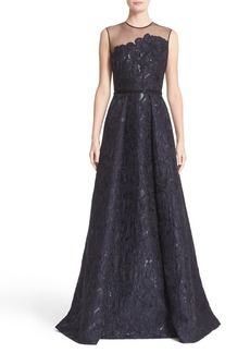 Carmen Marc Valvo Couture Illusion Yoke Embroidered Jacquard A-Line Gown in Midnight at Nordstrom