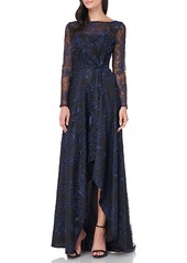 Carmen Marc Valvo Infusion Embroidered Mesh Long Sleeve High/Low Gown