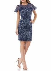 Carmen Marc Valvo Infusion Embroidered Ruffle-Sleeve Cocktail Dress