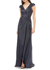 Carmen Marc Valvo Infusion Metallic Shimmer Faux Wrap Gown