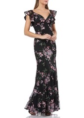 Carmen Marc Valvo Infusion Sequin Floral-Motif Flutter-Sleeve Gown