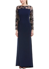 Carmen Marc Valvo Infusion Women's Novelty Illusion Ls and Low Back Crepe Gown