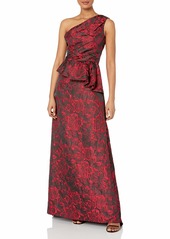 Carmen Marc Valvo Infusion Women's One Shoulder Brocade Gown W/Side Peplum red/Black