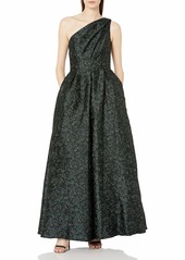 Carmen Marc Valvo Infusion Women's One Shoulder Pleated Ball Gown W/Metaillic Threads