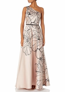 Carmen Marc Valvo Infusion Women's One Shoulder Printed Mikado Gown W/Beads