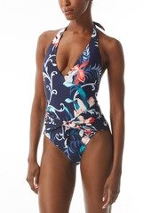 Carmen Marc Valvo Women's Floral-Print V-Neck Halter One-Piece Swimsuit - Navy Multi