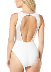 Carmen Marc Valvo Women's Mesh Plunge Neckline One-Piece Swimsuit - White
