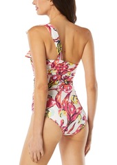 Carmen Marc Valvo Women's Ruched Bow One-Shoulder Swimsuit - Pink