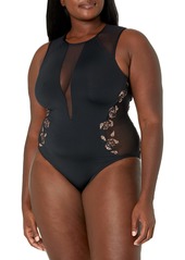Carmen Marc Valvo Women's Standard One Piece Swimsuit with Sequins and mesh Detail