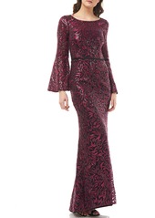 Carmen Marc Valvo Embroidered Boat-Neck Trumpet Gown