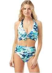 Carmen Marc Valvo Lush Verdure Ruched Halter Top with Bows Ties At Back Neck Removable Soft Cups