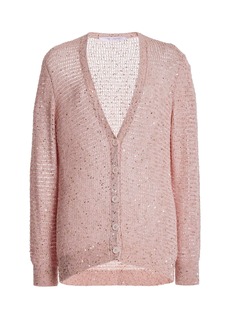 Carolina Herrera - Embellished Knit Cotton-Blend Cardigan - Pink - L - Moda Operandi