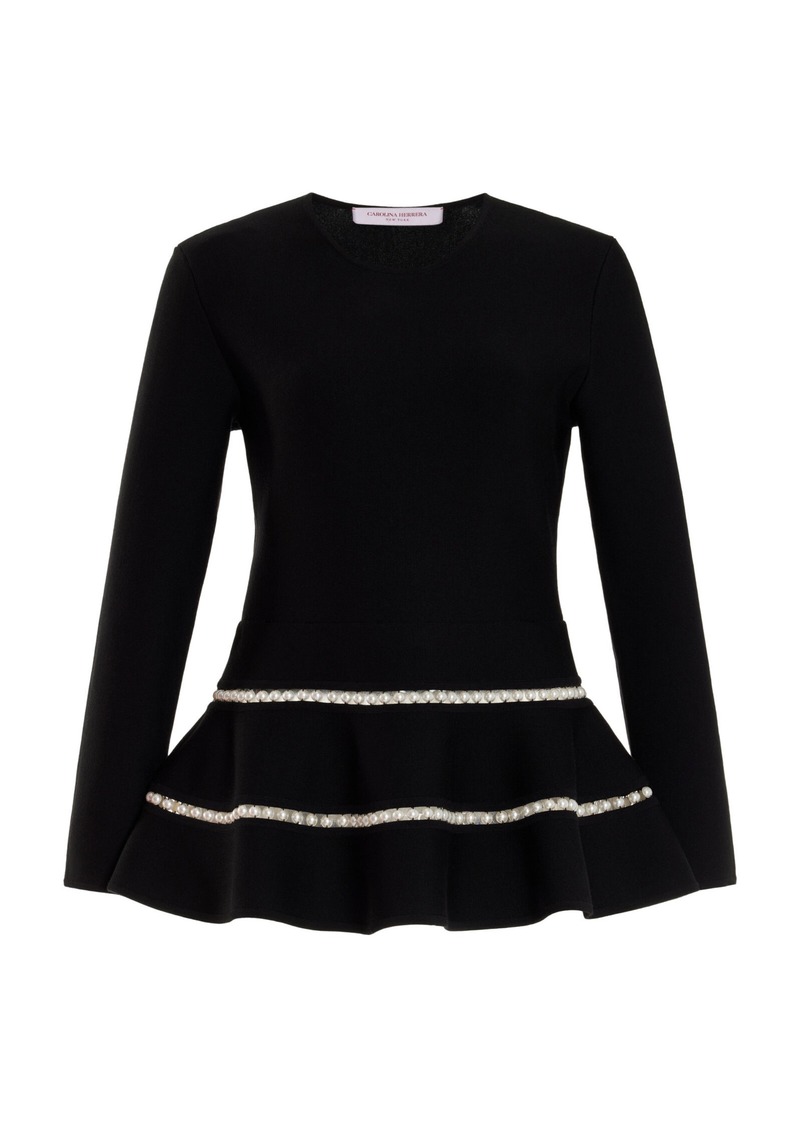 Carolina Herrera - Embellished Wool-Blend Peplum Top - Black - M - Moda Operandi