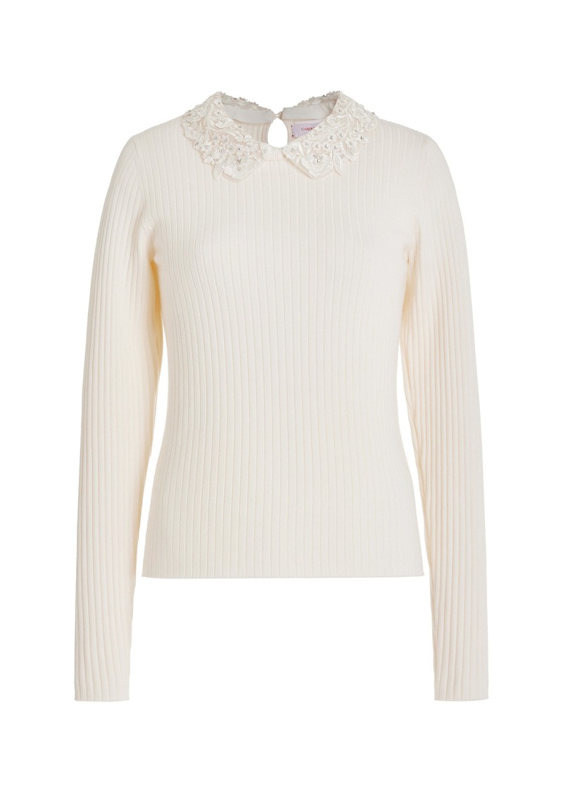 Carolina Herrera - Embroidered-Collar Knit Wool Top - White - M - Moda Operandi