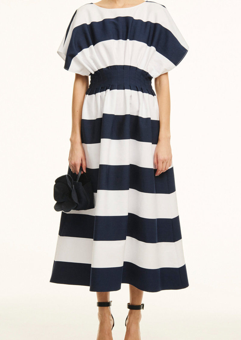 Carolina Herrera - Gathered Cotton-Blend Midi Dress - Navy - US 16 - Moda Operandi